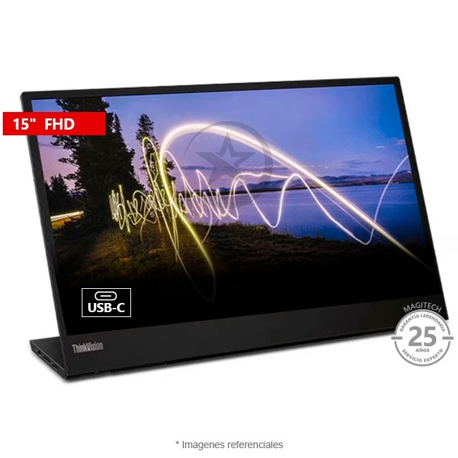 Monitor Lenovo ThinkVision M15 portatil, 15" Full HD (1920x1080), WLED, USB tipo C, 45% NTSC, Respuesta 6 ms, 250 cd/m², Peso 0.9 kg