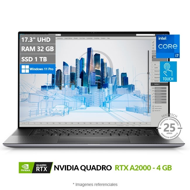 Laptop Dell Workstation Precision 5760, Intel Core i7-11850H Hasta 4.8 GHz, RAM 32GB, SSD 1TB, Video 4GB NVIDIA Quadro RTX A2000, LED 17.3" UHD+ 4K Touch, Windows 11 Pro