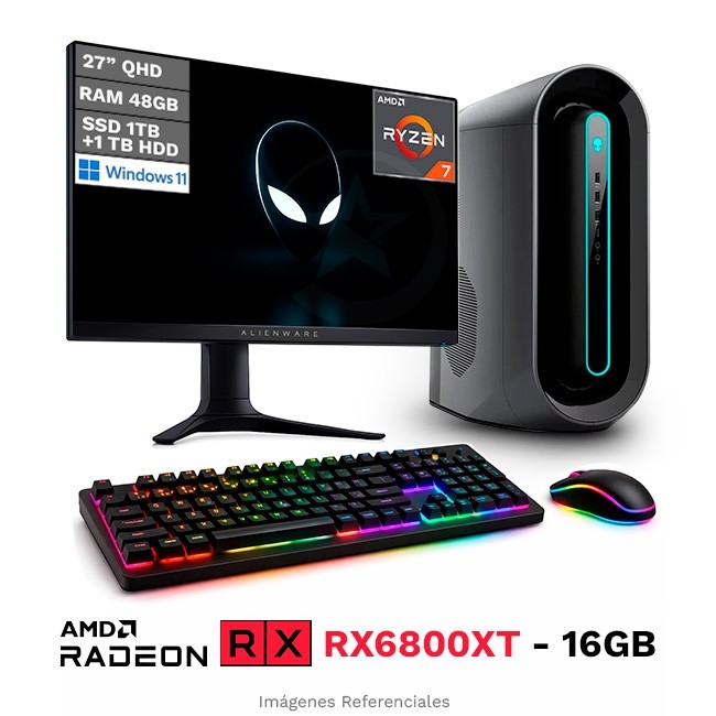 Combo-PC Dell Alienware Aurora R10, AMD Ryzen 7 5800 Hasta 4.6 GHz, RAM 48GB, SSD 1TB + HDD 1TB, 16GB AMD Radeon RX6800XT, Enfriamiento Liquido, W11H + Monitor Alienware 27'' QHD AW2724DM