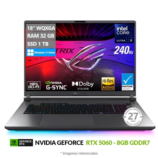 Laptop Asus ROG Strix G18 G815LM, Intel Core Ultra 9 Hasta 5.4 GHz, RAM 32GB, SSD 1TB, 8 GB NVIDIA GeForce RTX 5060, LED 18" IPS 2.5K de 240Hz 100% DCI-P3, Windows 11 Home **