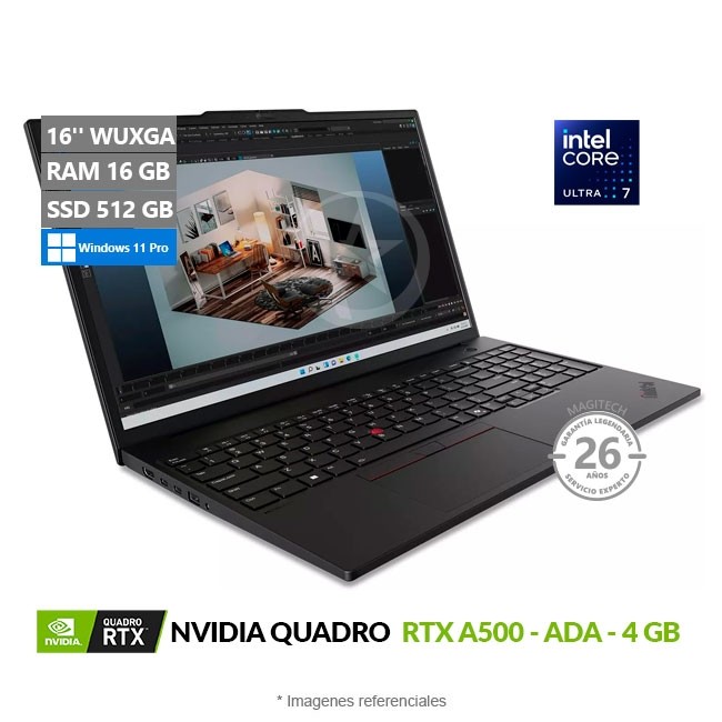 Laptop Lenovo Workstation ThinkPad P16s Gen 3, Ultra 7 155H Hasta 4.8 GHz, RAM 16GB, SSD 512GB, 4GB Quadro RTX 500, 16'' WUXGA, Windows 11 Pro