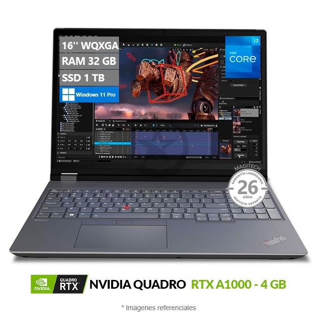Laptop Lenovo Workstation ThinkPad P16 Gen1, Core i7-12850HX Hasta 4,8 GHz, RAM 32GB, Sólido SSD 1TB PCIe, Video 4 GB NVIDIA Quadro RTX A1000, Pantalla 16.0'' WQXGA, Windows 11 Pro