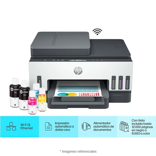 Impresora HP Multifuncional Smart Tank 750, Tinta Continua a Color, Velocidad 15 ppm, Duplex, ADF, Inalámbrico con Wi-Fi, RJ45, Conectividad USB 2.0
