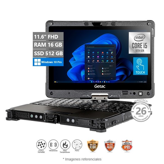 Laptop Getac V110 G6 RUGGED 2-en-1 Core i5-10210U, RAM 16GB, Sólido SSD 512GB, Pantalla 11.6" Full HD Táctil, Windows 11 Pro ( Robustecida )