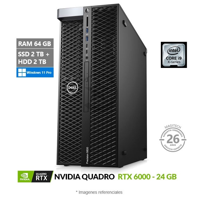 PC Dell Precision 5820 Tower, Intel Core i9-10900X Hasta 4.5 GHz, RAM 64GB, SSD 2TB + HDD 2TB, 24 GB NVIDIA Quadro RTX 6000, Windows 11 Pro