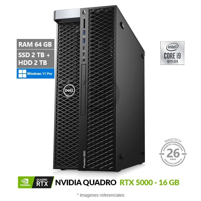 PC Dell Precision 5820 Tower, Intel Core i9-10900X Hasta 4.5 GHz, RAM 128GB, SSD 2TB + HDD 2TB, 24 GB NVIDIA Quadro RTX 6000, Windows 11 Pro