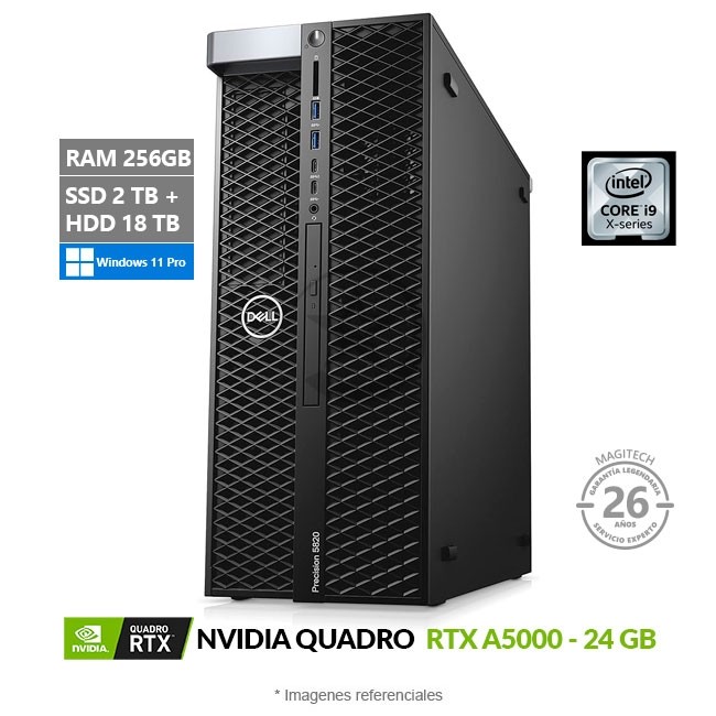 PC WorkStation Dell Precision 5820 Tower, Intel Core i9-10900X Hasta 4.5 GHz, RAM 256GB, SSD 2TB + HDD 18TB, 24 GB NVIDIA Quadro RTX A5000, Windows 11 Pro