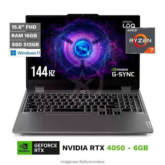 Laptop Lenovo LOQ 15ARP10E (15'') Gaming, AMD Ryzen 7 7735HS Hasta 4.7 GHz, RAM 16GB, SSD 512GB, 6GB NVIDIA GeForce RTX 4050, LED 15.6" FHD 144 Hz, Windows 11 Home **