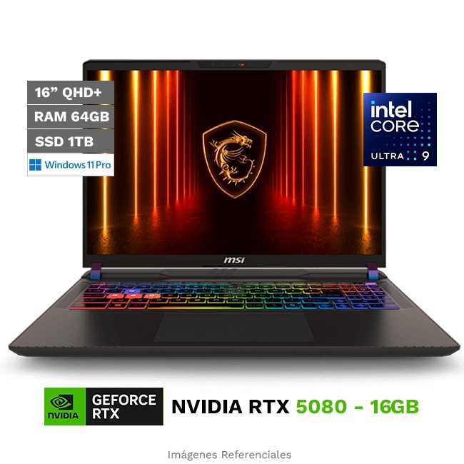 Laptop MSI Vector 16 HX AI, Core Ultra 9 275HX Hasta 5.4 GHz, RAM 64GB, SSD 1TB, NVIDIA GeForce RTX 5080 de 16GB, LED 16" QHD+ 2.5K a 240Hz, Windows 11 Pro **