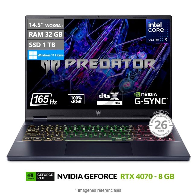 Laptop Acer Predator Helios NEO (PHN14-51-99NM), Ultra 9 185H Hasta 5.1 GHz, RAM 32GB, SSD 1TB, NVIDIA GeForce RTX 4070 de 8GB, LED 14.5'' WQXGA+ a 165Hz, Windows 11 Home **