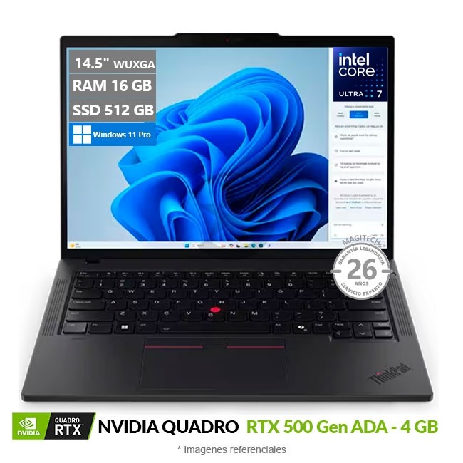 Laptop Lenovo ThinkPad P14s Gen 5 Workstation, Ultra 7 155H Hasta 4.8 GHz, RAM 16GB, SSD 512GB, NVIDIA Quadro RTX 500 de 4GB, LED 14.5" WUXGA, W11P