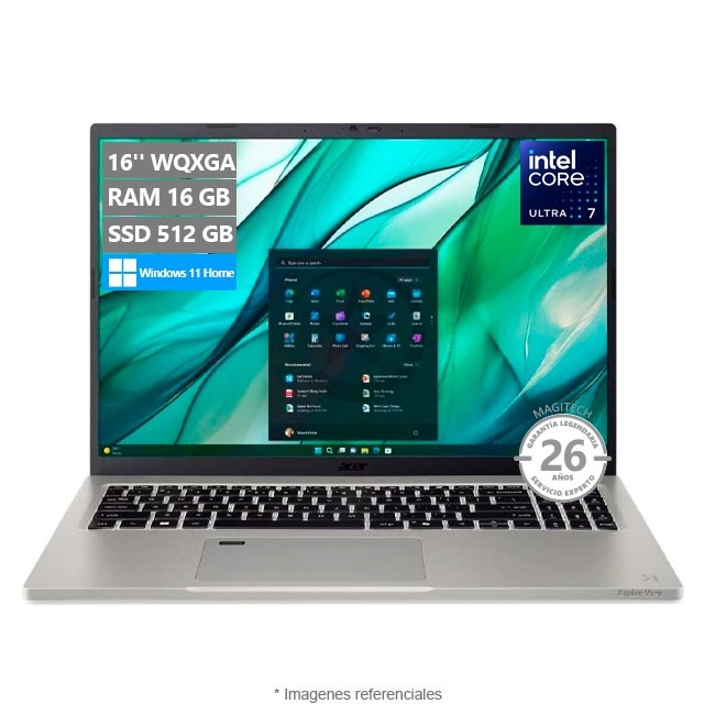 Laptop ACER Aspire Vero AV16-51P, Intel Core Ultra 7 155U Hasta 4,8 GHz, RAM 16GB, SSD 512GB, LED 16" 2K WQXGA, Windows 11 Home