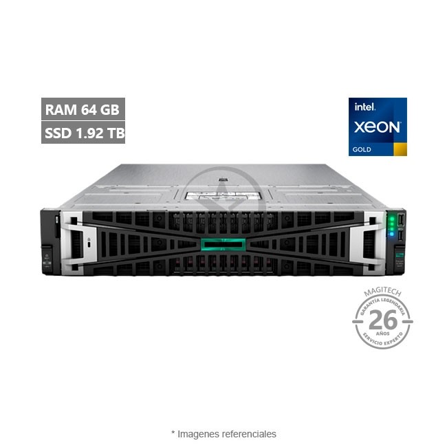 Servidor HPE ProLiant DL380 Gen11 (2U), Intel Xeon Gold 5418Y (24 Núcleos), RAM 64GB-DDR5-ECC, 02x SSD 480GB + SSD 1.92 TB, Ethernet 10Gb, Fuente Redundante de 1000W (1+1)