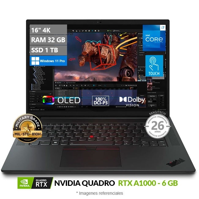 Laptop Lenovo ThinkPad P1 Gen 6, Core i7 13700H Hasta 5.0 GHz, RAM 32GB, SSD 1TB, 6GB NVIDIA RTX A1000, OLED 16" 4K Touch, Windows 11 Pro