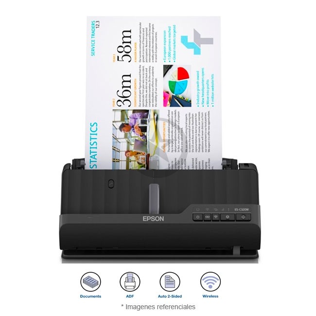 Scanner Compacto Epson ES-C320W inalámbrico, Wi-Fi, Giro en U, ADF de 20 hojas, Escaneo a móvil o nube,