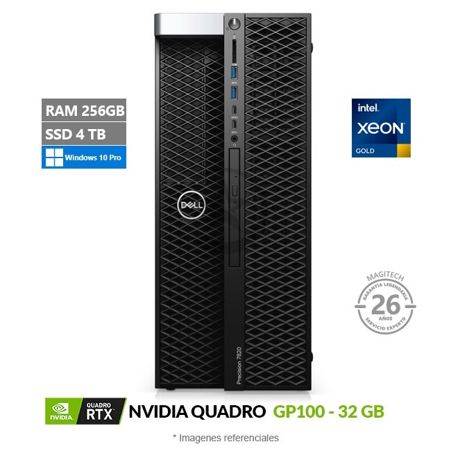 Dell Precision T7820 Workstation, Intel Xeon Gold 6148 Hasta 3.7 GHz (20 Cores), RAM 256 GB ECC, SSD 4TB, 32 GB NVIDIA Quadro GP100 NVLink, Windows 10 Pro