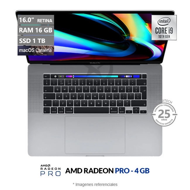 Laptop Apple MacBook Pro 16, Intel Core i9 2.3GHz, RAM 16GB, SSD 512GB, Video 4 GB Radeon Pro 560X, Pantalla LED 15.4" Retina P3, MacOS