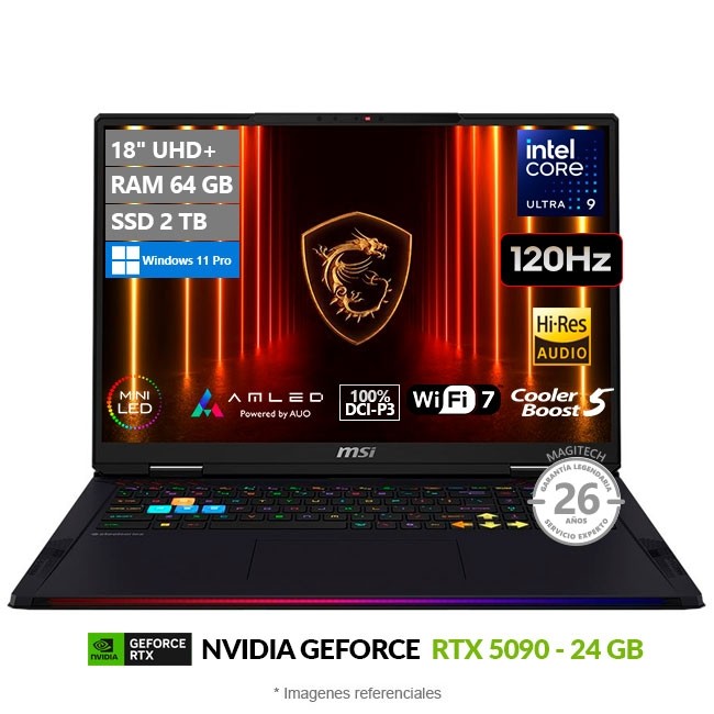 Laptop MSI Raider 18 HX AI A2XW Gaming, Intel Core Ultra 9 285HX Hasta 5.5 GHz, RAM 64GB, SSD 2TB, NVIDIA GeForce RTX 5090 de 24GB, LED 18" QHD+ a 240Hz, Windows 11 Pro **