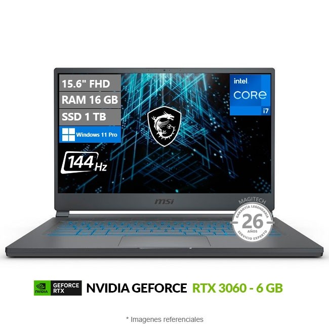Laptop MSI Stealth 15M Ultralight, Core i7-11375H Hasta 5.0 GHz, RAM 16GB, SSD 1TB, 6GB NVIDIA GeForce RTX 3060, LED 15.6" FHD a 144Hz, Peso 1.68 Kg, Windows 11 Pro **