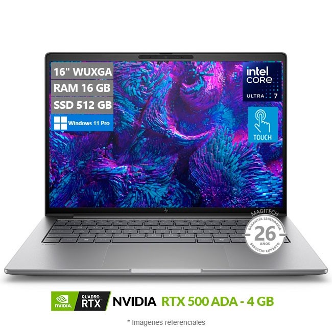 Laptop Workstation HP ZBook 8 G1i 16, Intel Core Ultra 7 255H Hasta 5,1 GHz, RAM 16GB, SSD 512GB, 4GB NVIDIA RTX 500 ADA, LED 16" WUXGA Touch, Windows 11 Pro