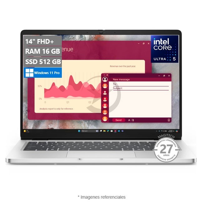 Laptop Dell Pro 14 (PC14250) Silver, Intel Core Ultra 5 235U Hasta 4.9 GHz, RAM 16GB, SSD 512 GB, LED 14" WUXGA, Windows 11 Pro