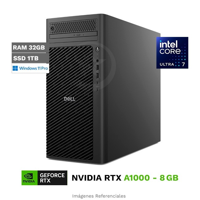 PC Workstation Dell Pro Max Torre T2, Intel Core Ultra 7 265 Hasta 5.3 GHz, RAM 32GB, SSD 1TB, 8 GB NVIDIA RTX A1000, Windows 11 Pro