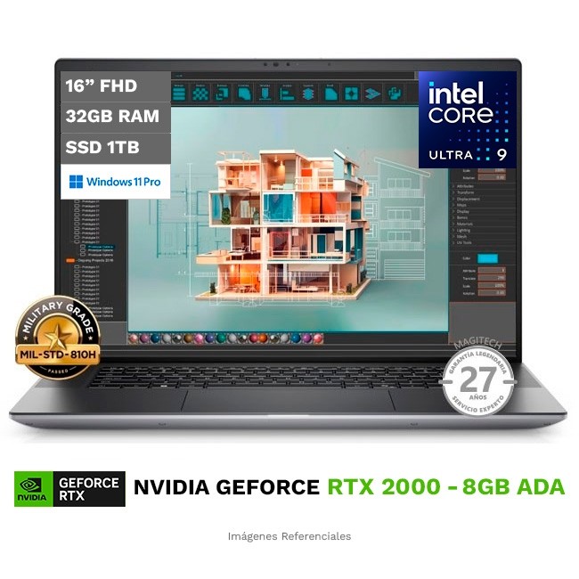 Laptop Workstation Dell Precision 16 5690, Core Ultra 9 185H Hasta 5.1 GHz, RAM 32GB, SSD 1TB, 8GB NVIDIA Quadro RTX 2000 ADA Gen., LED 16" FHD+, W11P