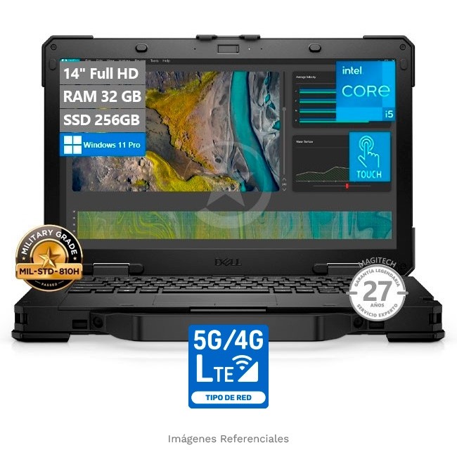 Laptop Dell Latitude 14 5430 Rugged, Intel Core i5-1145G7 Hasta 4.4 GHz, RAM 32GB, SSD 256GB, LED 14" FHD Touch, Wi-Fi + 4G/5G LTE, Windows 11 Pro
