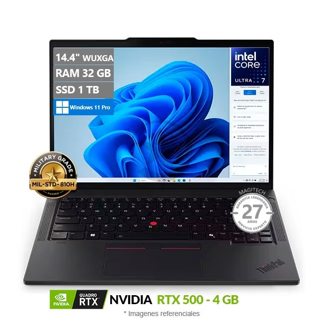 Laptop Lenovo ThinkPad P14s Gen 5 Workstation, Ultra 7 155H Hasta 4.8 GHz, RAM 32GB, SSD 1TB, NVIDIA Quadro RTX 500 de 4GB, LED 14.5" WUXGA, W11P