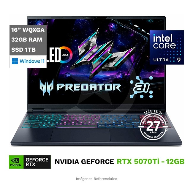 Laptop Acer Predator Helios NEO 16 AI PHN16S Gaming, Core Ultra 9 275HX Hasta 5.4 GHz, RAM 32GB, SSD 1TB, 12GB NVIDIA GeForce RTX 5070Ti, LED 16'' WQXGA a 240Hz, Windows 11 Home **