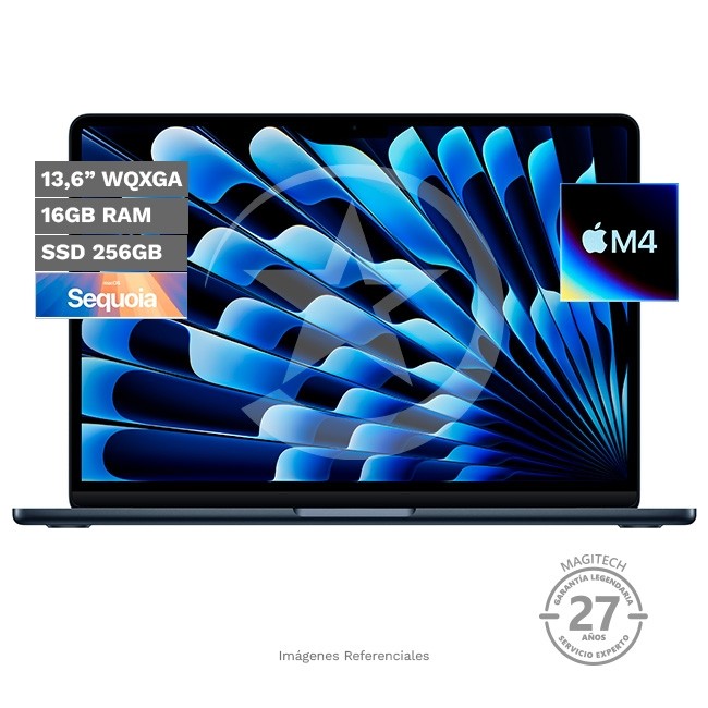 Laptop Apple MacBook Air 13.6, Chip M4, RAM 16GB, SSD 256GB, Pantalla Liquid Retina 13.6'' (2560x1664), TrueTone, Touch ID, Peso 1.2 kg, MacOS (Midnight)