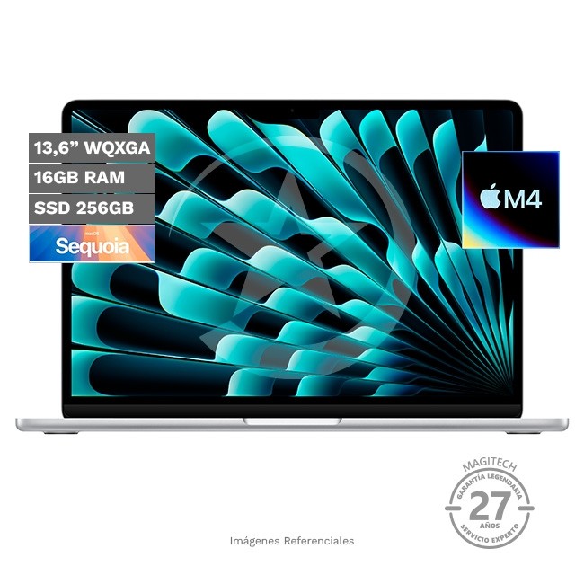 Laptop Apple MacBook Air 13.6, Chip M4, RAM 16GB, SSD 256GB, Pantalla Liquid Retina 13.6'' (2560x1664), TrueTone, Peso 1.2 kg, MacOS (Silver)
