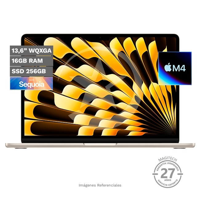 Laptop Apple MacBook Air 13.6, Chip M4, RAM 16GB, SSD 256GB, Pantalla Liquid Retina 13.6'' (2560x1664), TrueTone, Peso 1.2 kg, MacOS (Starlight)