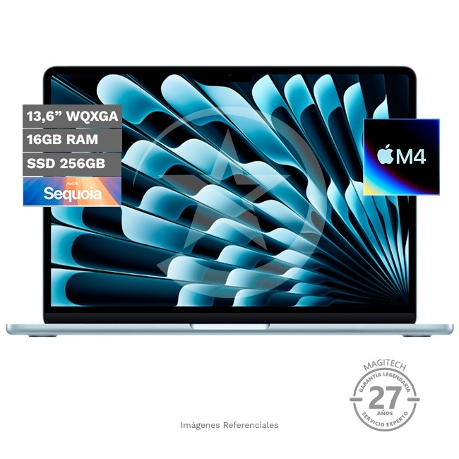 Laptop Apple MacBook Air 13.6, Chip M4, RAM 16GB, SSD 256GB, Pantalla Liquid Retina 13.6'' (2560x1664), TrueTone, Peso 1.2 kg, MacOS (Sky Blue)