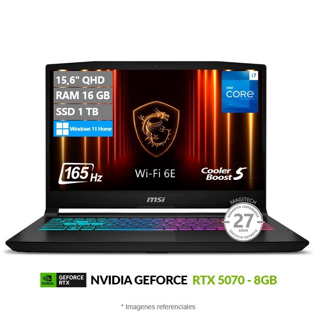 Laptop MSI Katana 15 HX B14W Gaming, Intel Core i7-14650HX Hasta 5.2 GHz, RAM 16GB, SSD 1TB, 8GB NVIDIA GeForce RTX 5070, LED 15.6" QHD a 165Hz, Windows 11 Home **