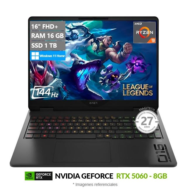 Laptop HP Omen 16 AP0053DX, AMD Ryzen 9 8940HX Hasta 5.3 GHz, RAM 32GB, SSD 1TB, 8GB NVIDIA GeForce RTX 5060, LED 16" WUXGA a 144Hz, Windows 11 Home **