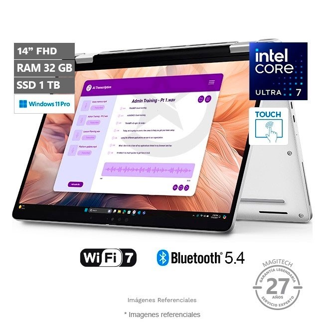 Convertible Dell Pro 14 Plus (2-en-1), Intel Core Ultra 7 266V Hasta 5.0, RAM 32GB, SSD 1TB, LED 14" IPS, 1.55 Kg, Windows 11 Pro