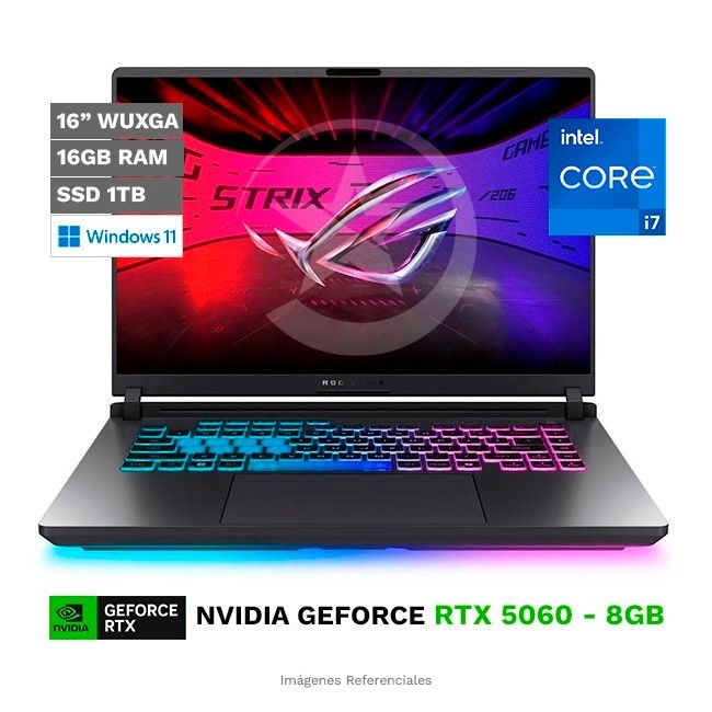Laptop Asus ROG Strix G16 - G615JMR Gaming, Intel Core i7-14650HX Hasta 5.2 GHz, RAM 16 GB, SSD 1TB, 8GB NVIDIA RTX 5060, LED 16" IPS WUXGA de 165Hz 100% sRGB, G-Sync, Windows 11 Home **