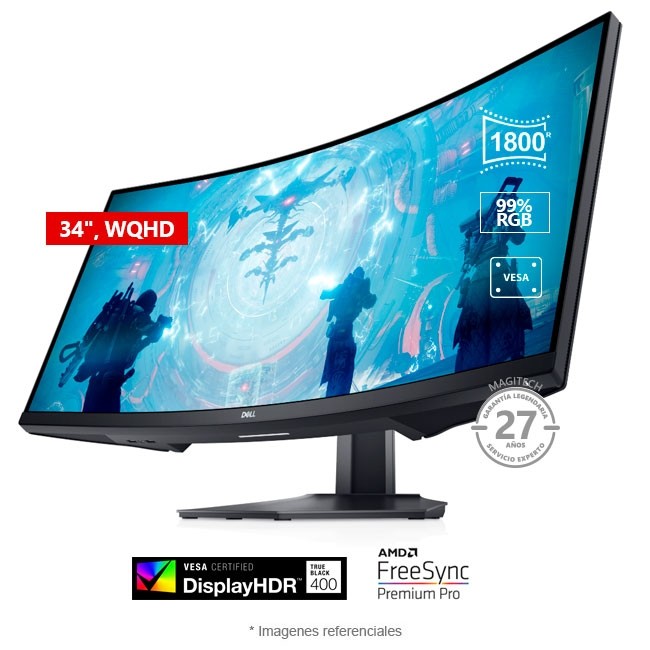 Monitor DELL S3422DWG Gaming Curvo, 34" WQHD a 144 Hz, curvatura 1800R, HDR400, 99% sRGB, AMD FreeSync Premium Pro, Montaje VESA