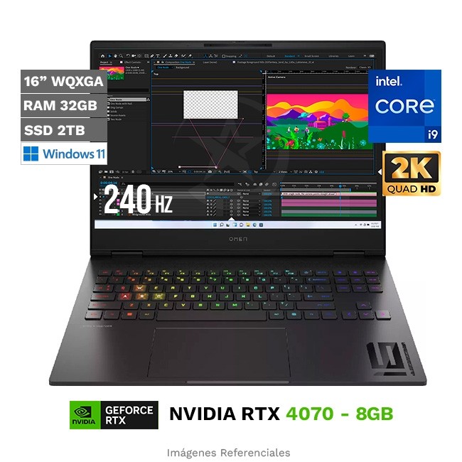 Laptop HP Omen 16-U1000, Intel Core i9-14900HX Hasta 5.8 GHz, RAM 32GB, SSD 1TB, 8GB NVIDIA GeForce RTX 4070, WQXGA 16" QHD 2K a 240Hz, Windows 11 Home **