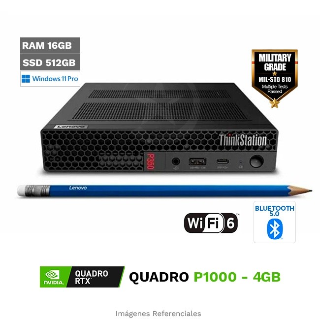 PC Lenovo Thinkstation P350 Tiny Workstation, Intel Core i7-11700T Hasta 4.6 GHz, RAM 16GB, SSD 512GB, 4 GB NVIDIA Quadro P1000, Windows 11 Pro (Ultra-compacta)