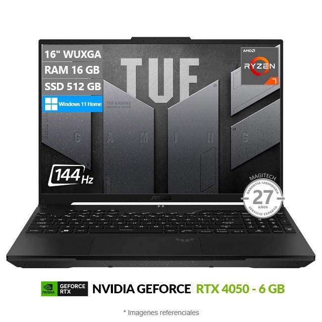 Laptop Asus TUF A16 FA607 Gaming, Ryzen 7 7445HS Hasta 4.7 GHz, RAM 16GB, SSD 512GB, 6GB NVIDIA GeForce RTX 4050, LED 16? WUXGA 144Hz, Windows 11 Home **