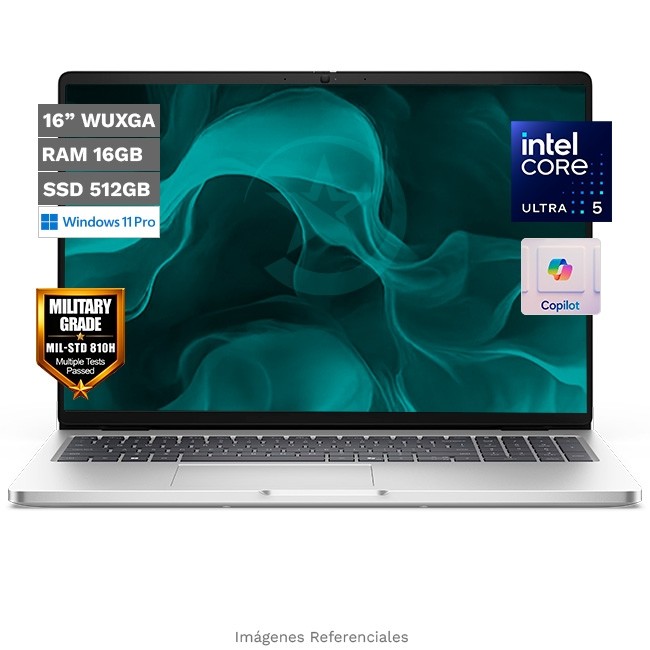 Laptop Dell Pro 16 (PC16250) Silver, Intel Core Ultra 5 235U Hasta 4.9, RAM 16GB, SSD 512 GB, LED 16" WUXGA, Windows 11 Pro