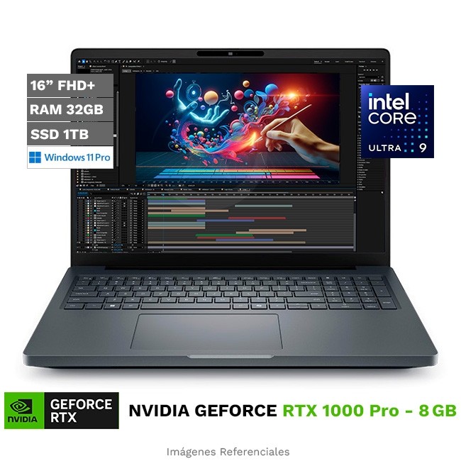 Laptop Workstation Dell Pro Max 16, Core Ultra 9 285H Hasta 5.4 GHz, RAM 32 GB, SSD 1TB, 8 GB NVIDIA RTX Pro 1000 Blackwell, LED 16" FHD+, Windows 11 Pro