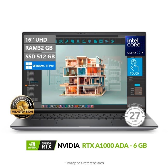 Laptop Workstation Dell Precision 16 5690, Core Ultra 7 165H Hasta 5.0 GHz, RAM 32GB, SSD 512GB, 6GB NVIDIA RTX 1000 ADA, LED 16" OLED 4K Touch, Windows 11 Pro