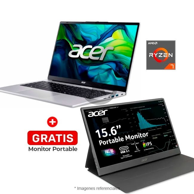 COMBO - Acer Aspire Lite (AL15-41P), AMD Ryzen 7-5700U Hasta 4.3GHz, RAM 16GB, SSD 512GB, LED 15.6" FHD + GRATIS Monitor ACER Portable 15" HDMI, USB