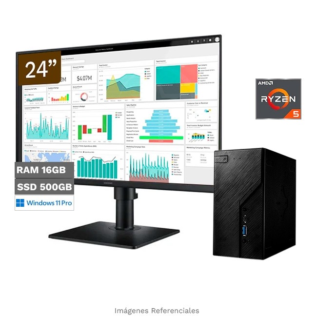 Bundle PC AsRock DeskMini X600, AMD Ryzen 5 8500G Hasta 5.0 GHz, RAM 16GB, SSD 500GB, Windows 11 Pro + Monitor Profesional 24'' Super Slim