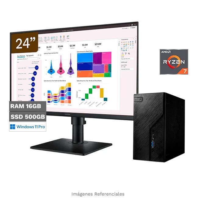 Bundle PC AsRock DeskMini X600, AMD Ryzen 7 8700G Hasta 5.1 GHz, RAM 16GB, SSD 500GB, Windows 11 Pro + Monitor Profesional 24'' Super Slim