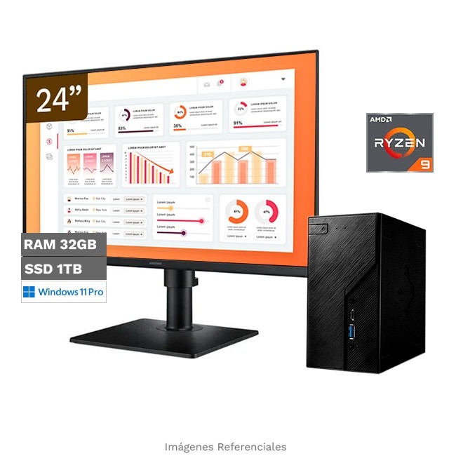 Bundle PC AsRock DeskMini X600, AMD Ryzen 9 7900 Hasta 5.4 GHz, RAM 32GB, SSD 1TB, Windows 11 Pro + Monitor Profesional 24'' Pivot Super Slim