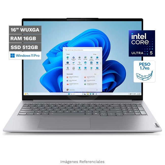 Laptop Lenovo ThinkBook 16 G8 IAL, Intel Core Ultra 5 225U Hasta 4.8 GHz, RAM 16GB, SSD 512GB, LED 16" WUXGA, Windows 11 Pro